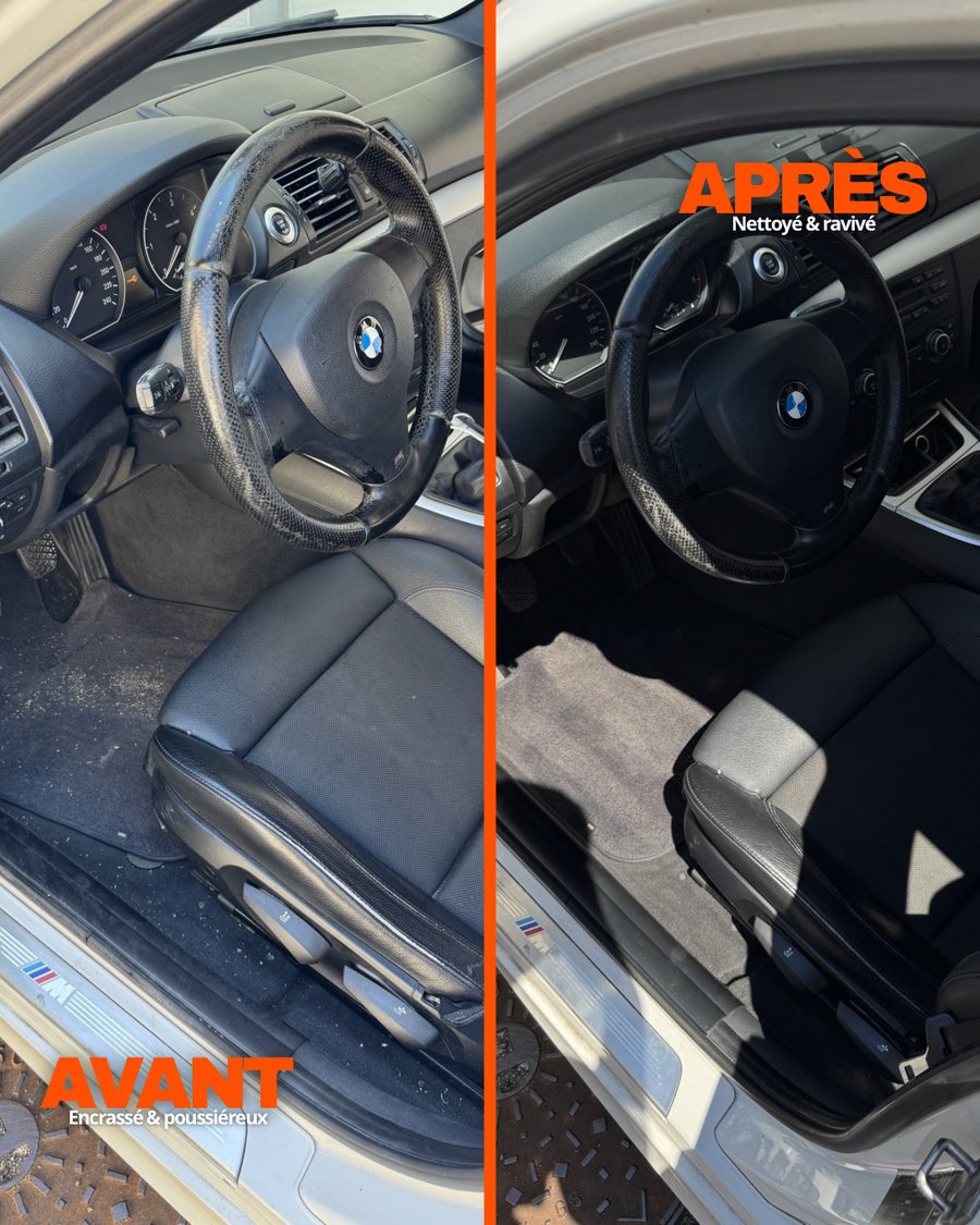 Avant après intérieur BMW, volant, siège et montants de porte