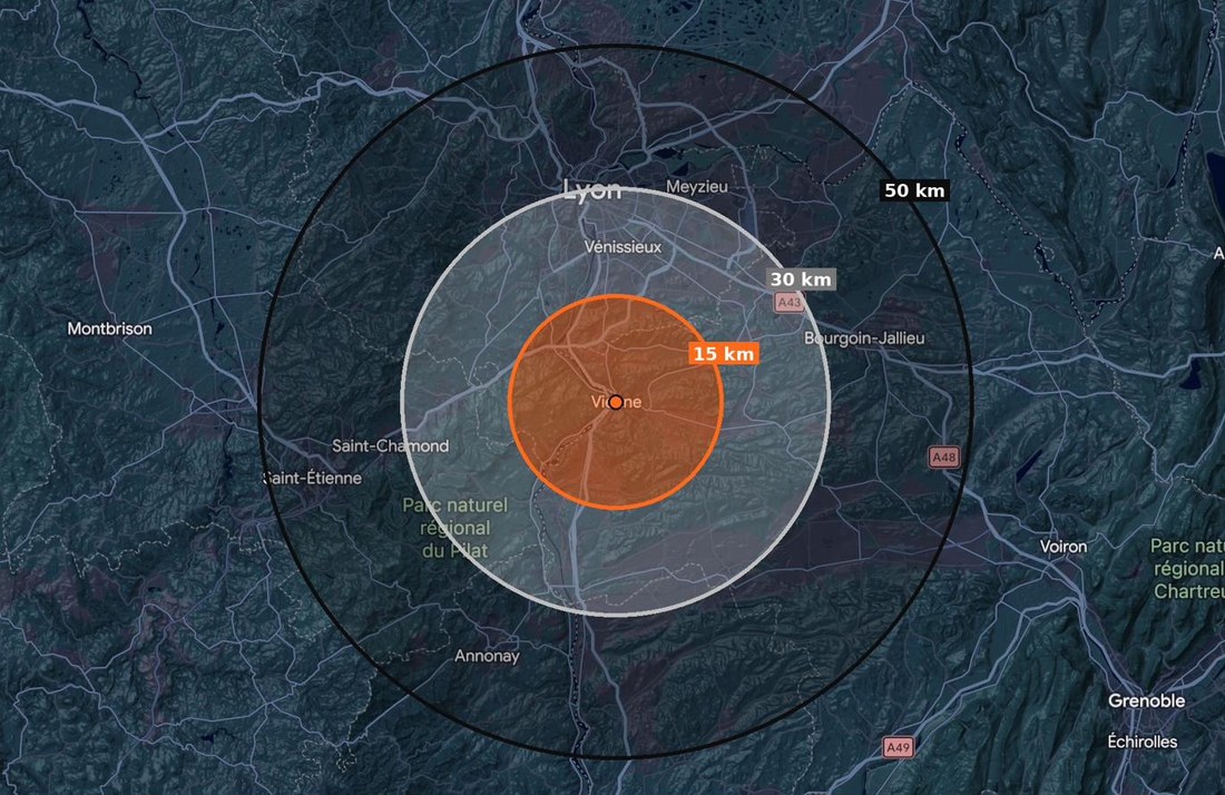 Carte des zones d'intervention Ganné Performance depuis Vienne : 15km, 30km, 50km